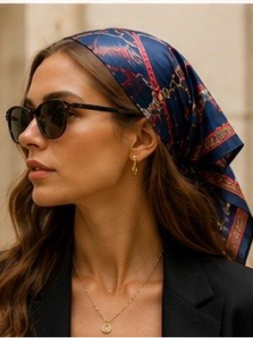 Silk-Feel Navy Patterned Headscarf – Women Accessories